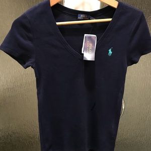 This is a women’s polo v-neck shirt